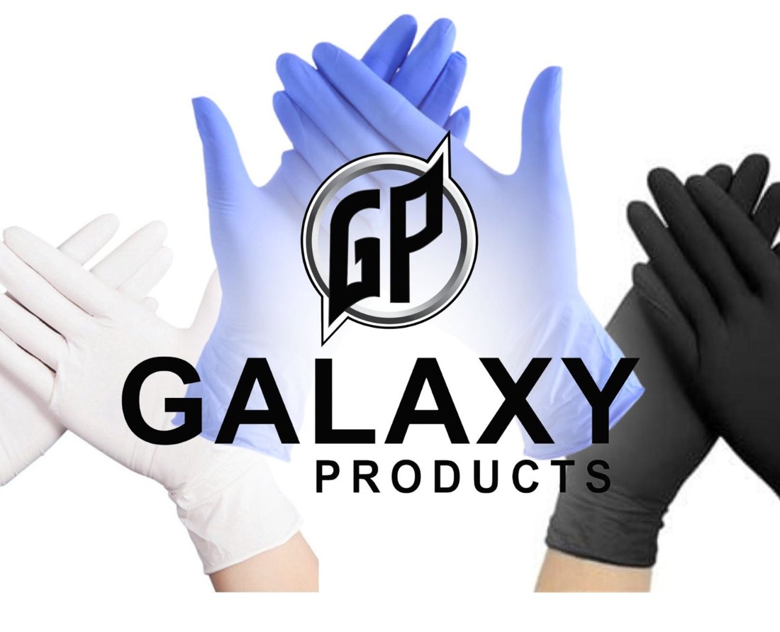 Guantes de nitrilo Galaxy Products en blanco, azul y negro